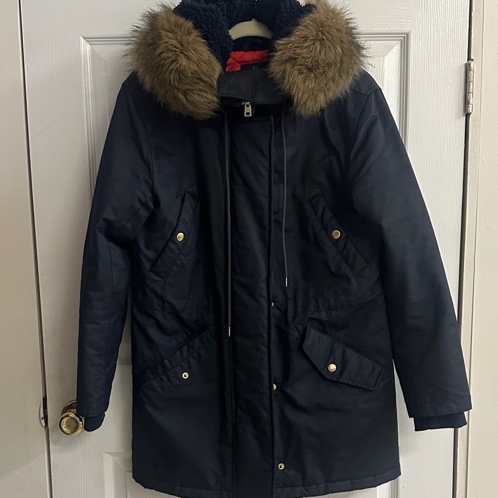 J. Crew Black Puffer Coat with Faux Fur Trim